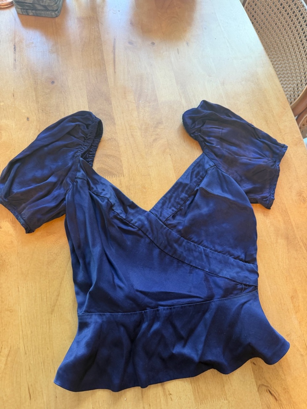 Urban Outfitters Navy Satin V-Neck Puff Sleeve Top